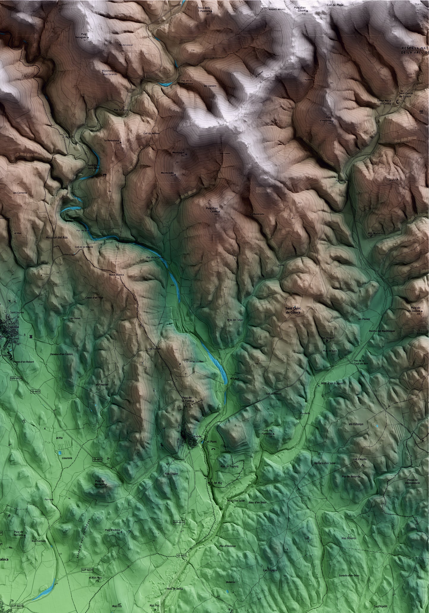 Mapa artístico del relieve de Mollet de Peralada, al Alt Empordà, con 15 km de entorno y base topográfica ICGC. Detalle de la zona superior derecha.