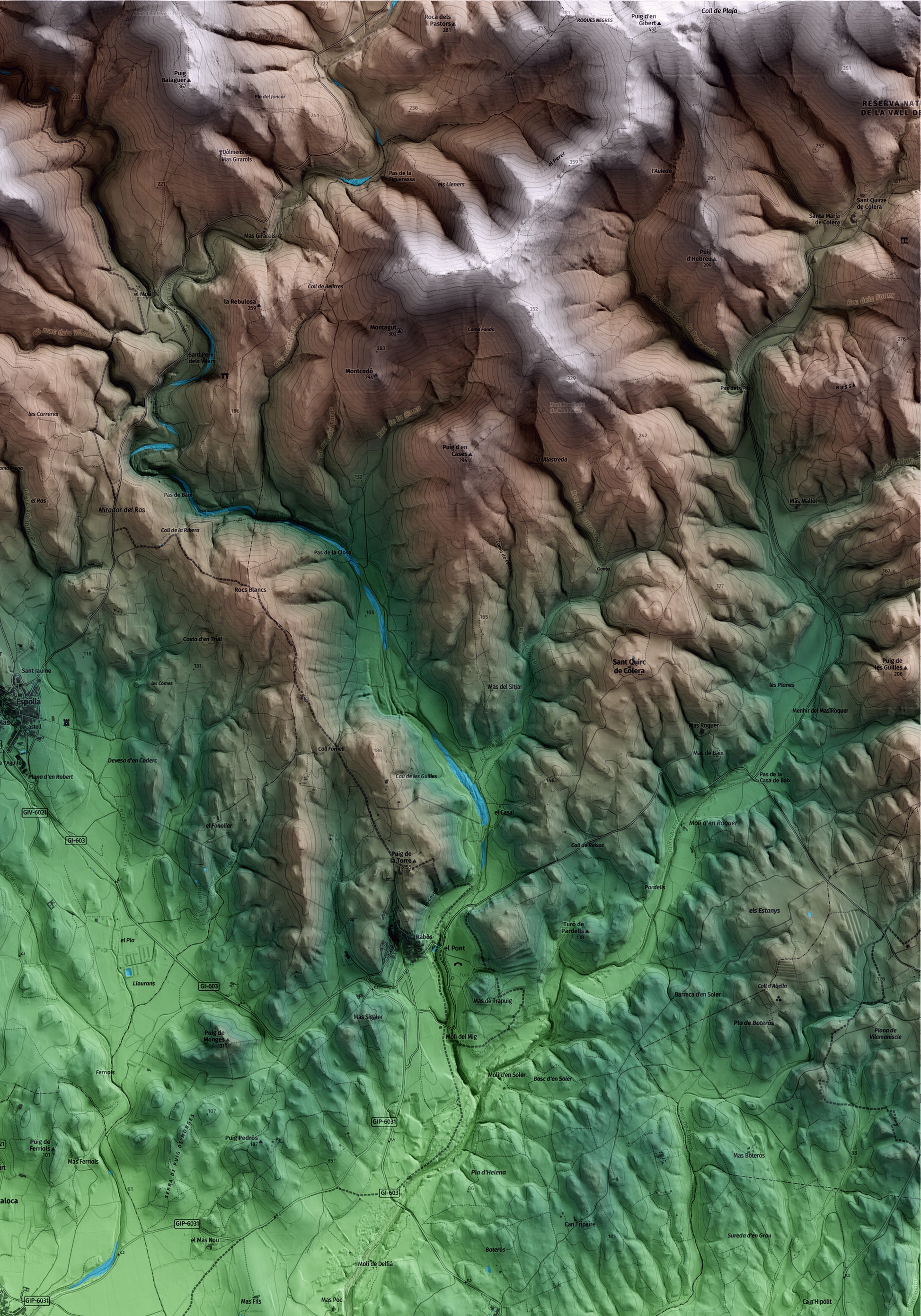 Mapa artístico del relieve de Mollet de Peralada, al Alt Empordà, con 15 km de entorno y base topográfica ICGC. Detalle de la zona superior derecha.