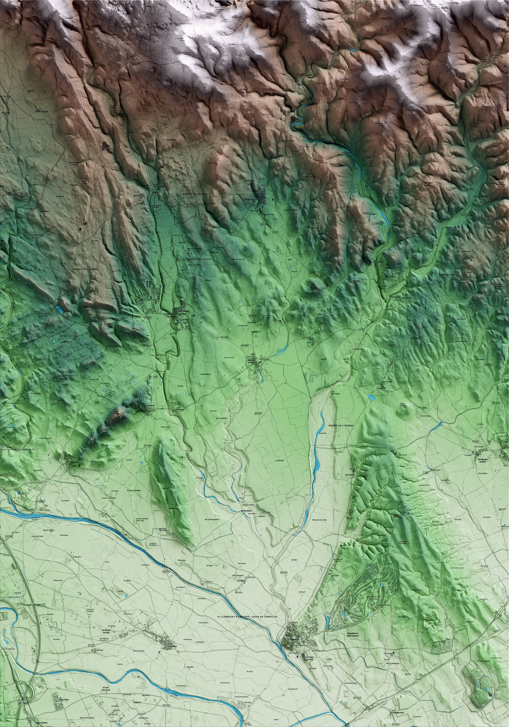 Mapa artístico del relieve de Mollet de Peralada, al Alt Empordà, con 15 km de entorno y base topográfica ICGC