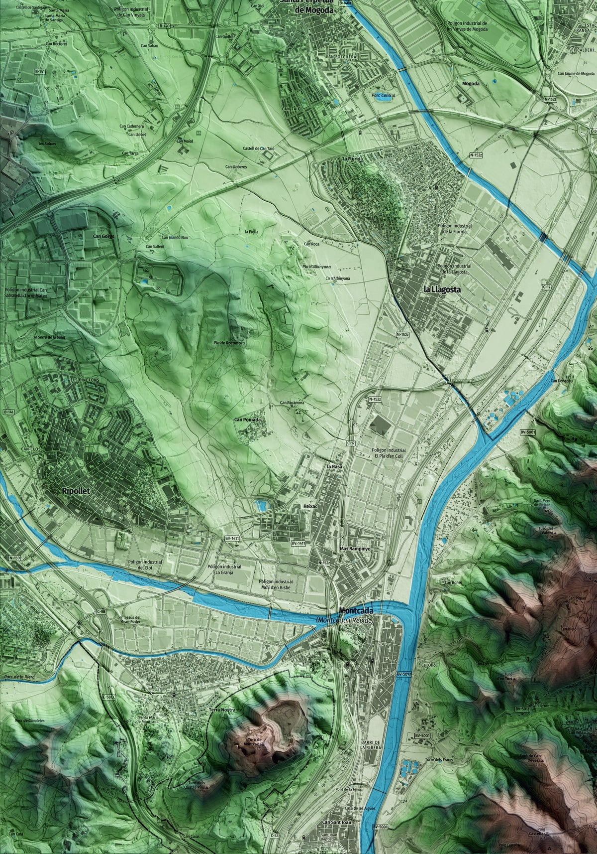 Mapa artístico del relieve de Mollet del Vallès, al Vallès Oriental, con 15 km de entorno y base topográfica ICGC. Detalle de la zona inferior izquierda.