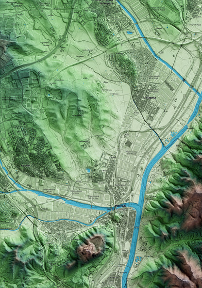 Mapa artístico del relieve de Mollet del Vallès, al Vallès Oriental, con 15 km de entorno y base topográfica ICGC. Detalle de la zona inferior izquierda.
