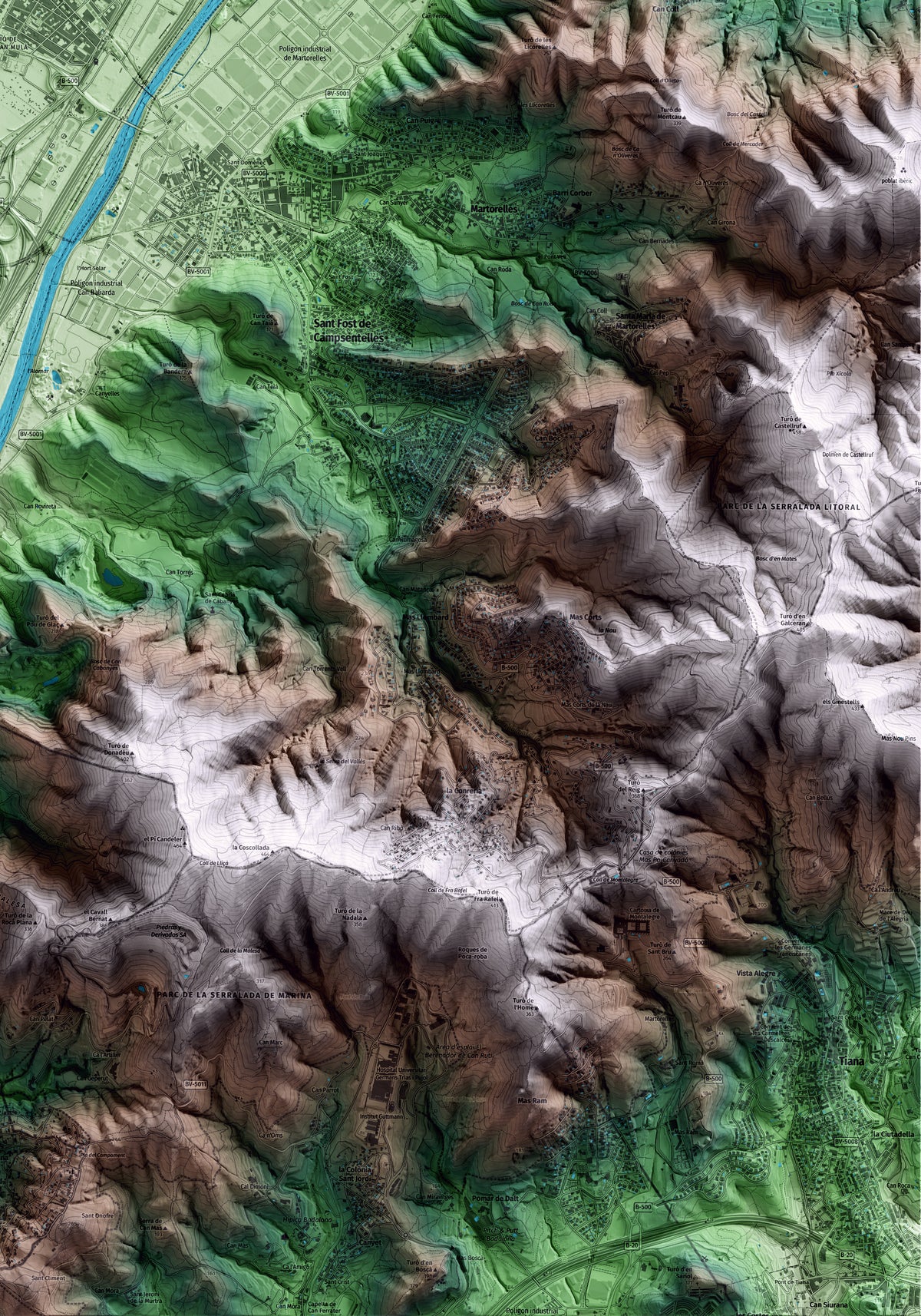 Mapa artístico del relieve de Mollet del Vallès, al Vallès Oriental, con 15 km de entorno y base topográfica ICGC. Detalle de la zona inferior derecha.