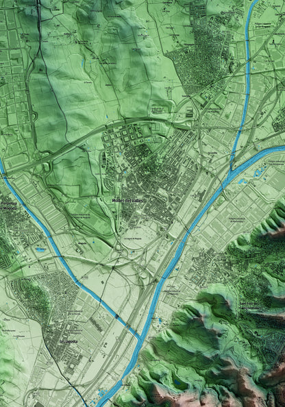 Mapa artístico del relieve de Mollet del Vallès, al Vallès Oriental, con 15 km de entorno y base topográfica ICGC. Detalle de la zona central.
