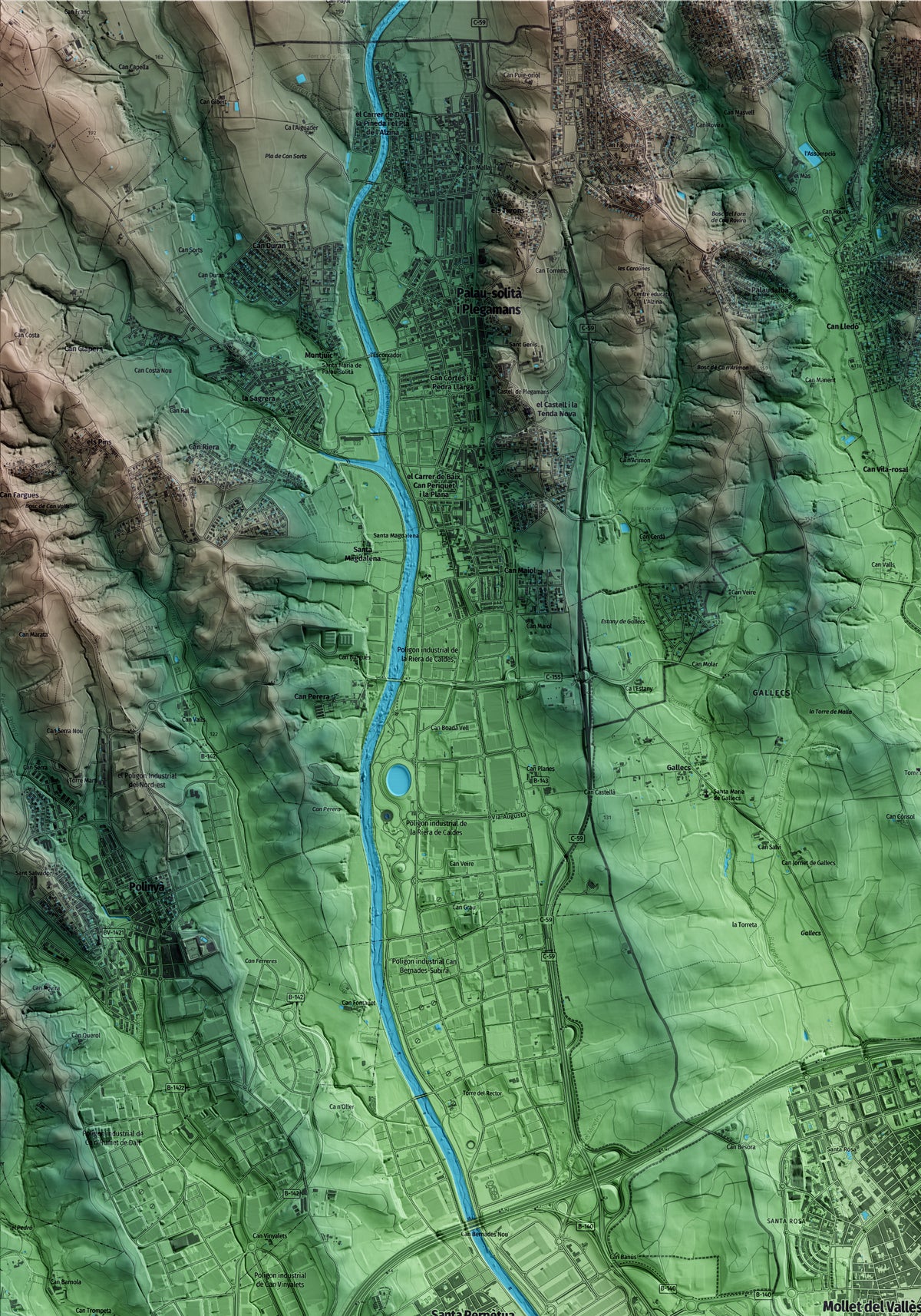 Mapa artístico del relieve de Mollet del Vallès, al Vallès Oriental, con 15 km de entorno y base topográfica ICGC. Detalle de la zona superior izquierda.