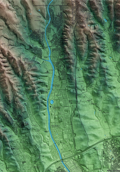 Mapa artístico del relieve de Mollet del Vallès, al Vallès Oriental, con 15 km de entorno y base topográfica ICGC. Detalle de la zona superior izquierda.