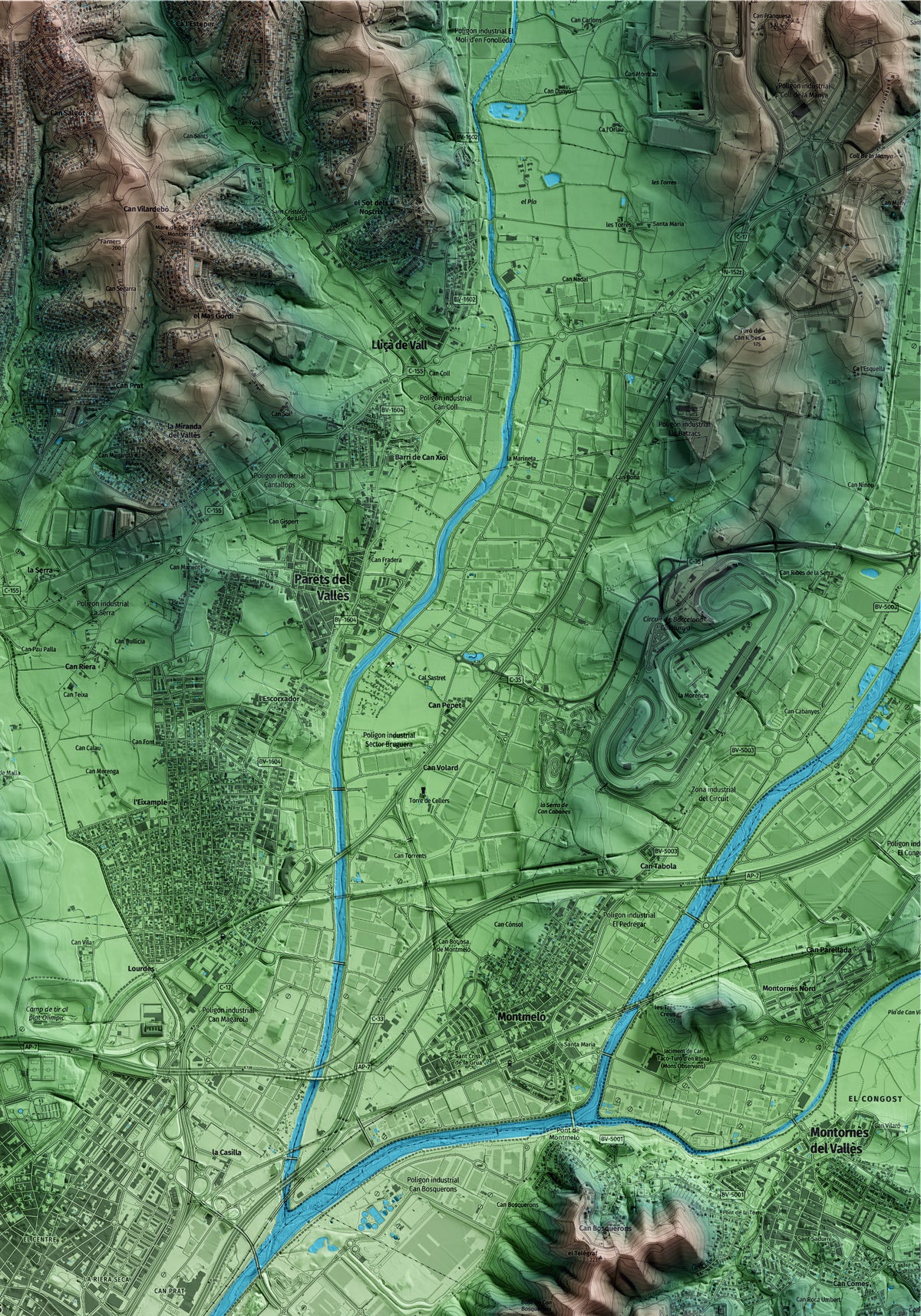 Mapa artístico del relieve de Mollet del Vallès, al Vallès Oriental, con 15 km de entorno y base topográfica ICGC. Detalle de la zona superior derecha.