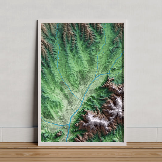 Mapa artístico del relieve de Mollet del Vallès, al Vallès Oriental, con 15 km de entorno y base topográfica ICGC. Presentación enmarcada.