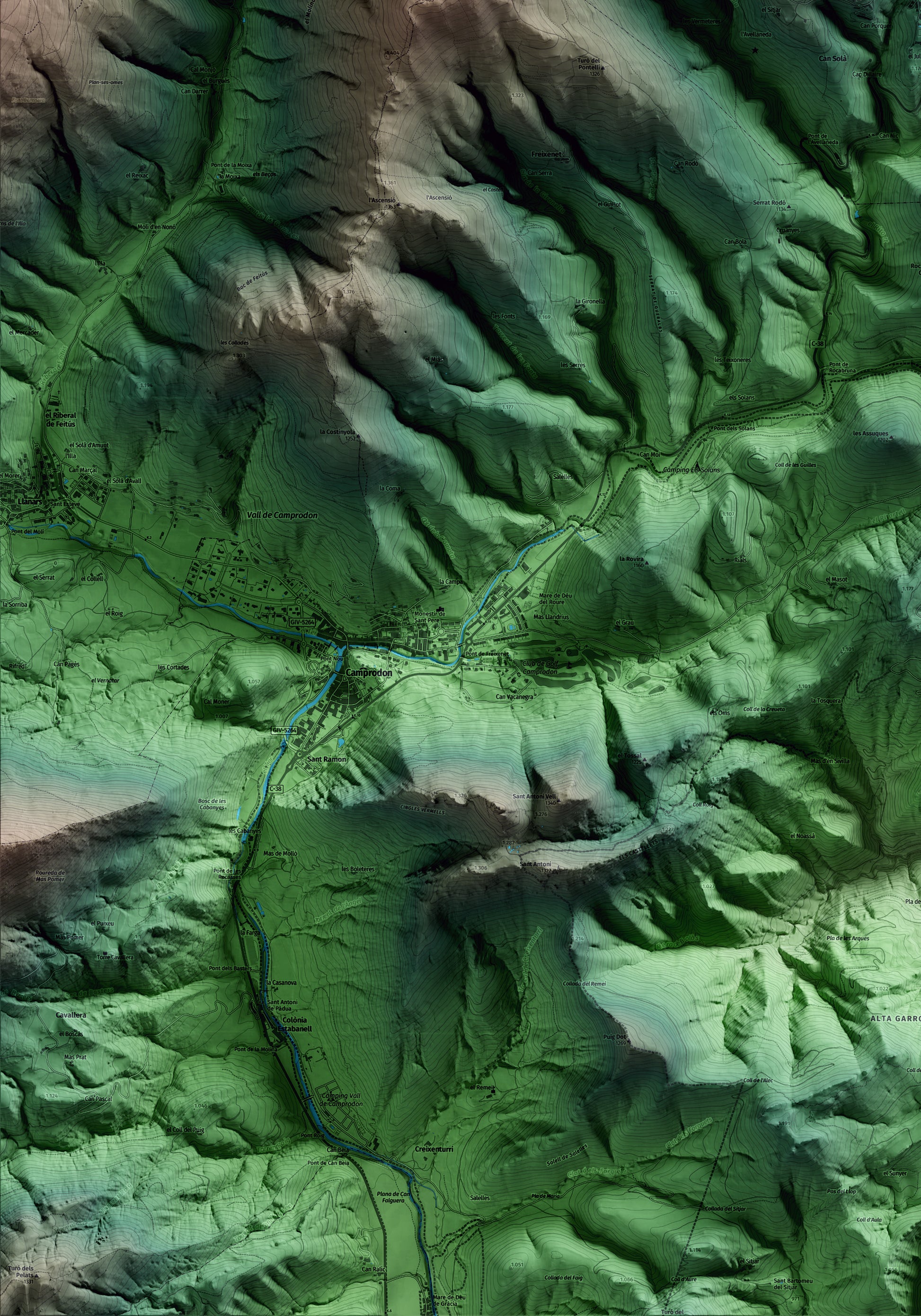 Mapa artístico del relieve de Molló, al Ripollès, con 15 km de entorno y base topográfica ICGC. Detalle de la zona inferior izquierda.