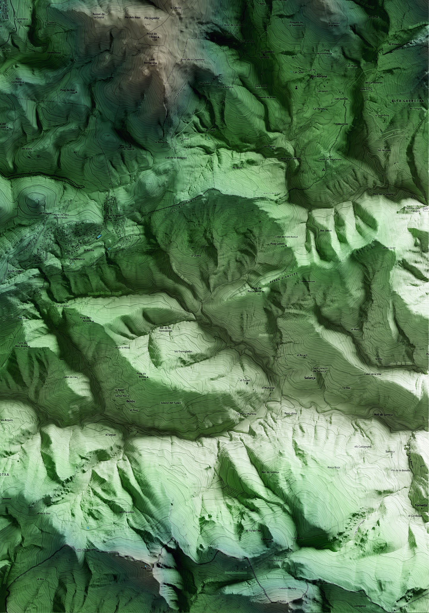 Mapa artístico del relieve de Molló, al Ripollès, con 15 km de entorno y base topográfica ICGC. Detalle de la zona inferior derecha.