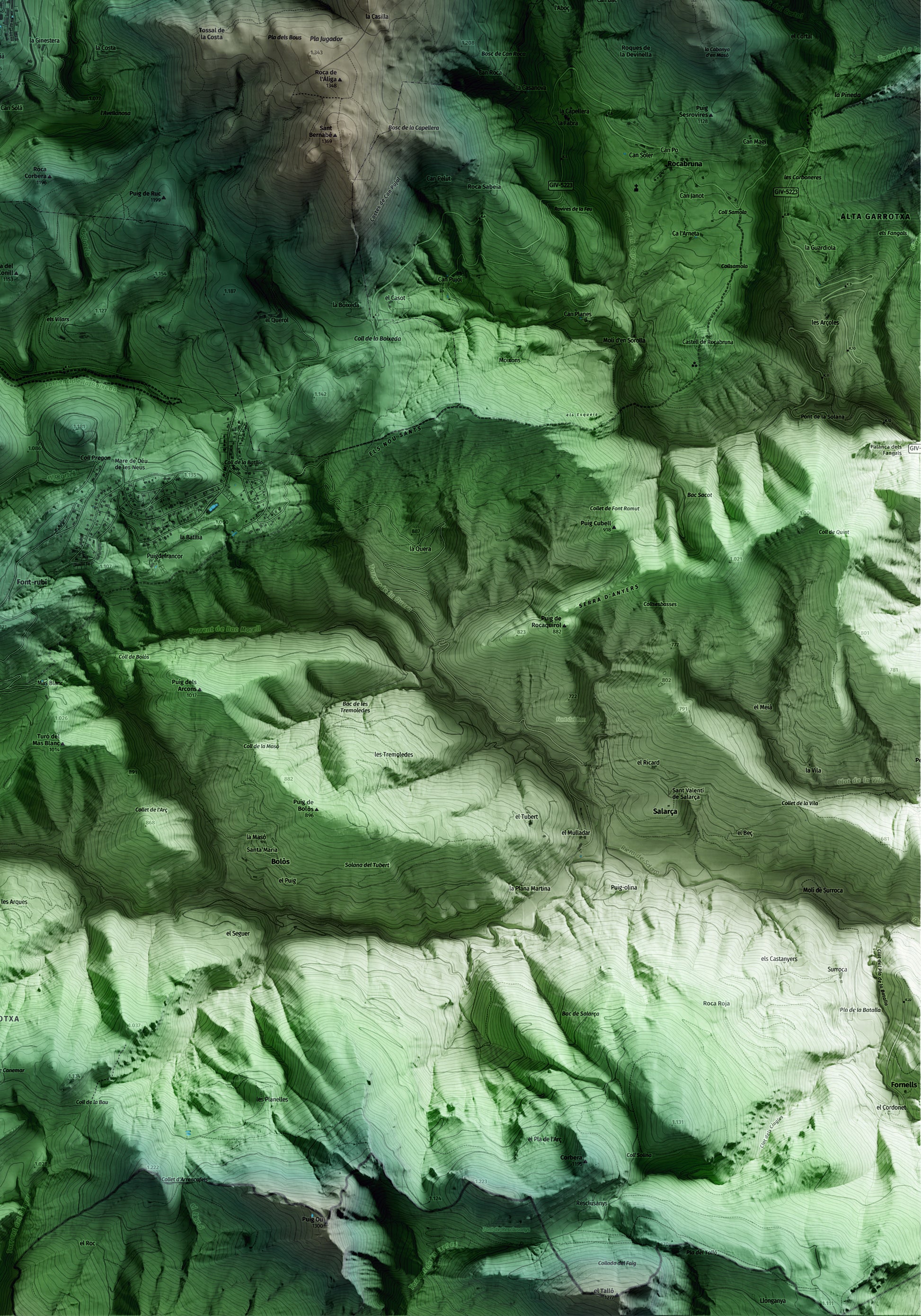 Mapa artístico del relieve de Molló, al Ripollès, con 15 km de entorno y base topográfica ICGC. Detalle de la zona inferior derecha.