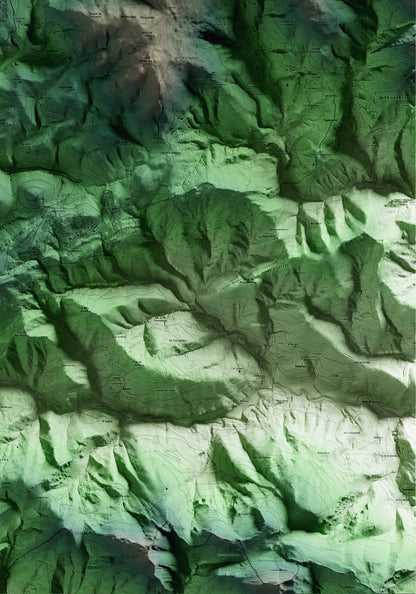 Mapa artístico del relieve de Molló, al Ripollès, con 15 km de entorno y base topográfica ICGC. Detalle de la zona inferior derecha.