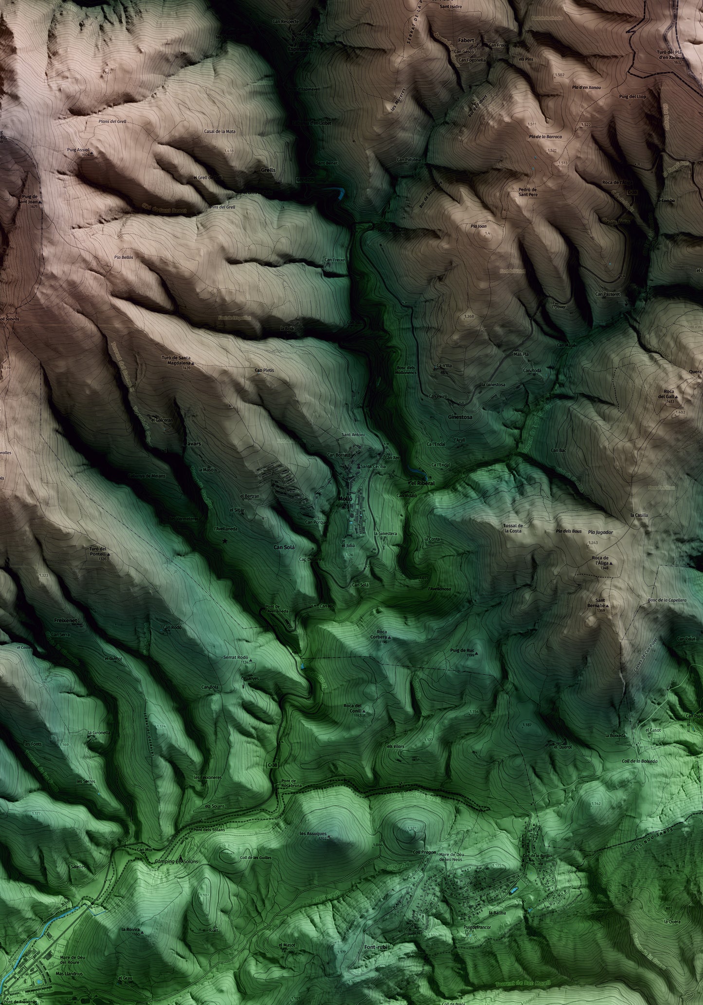 Mapa artístico del relieve de Molló, al Ripollès, con 15 km de entorno y base topográfica ICGC. Detalle de la zona central.