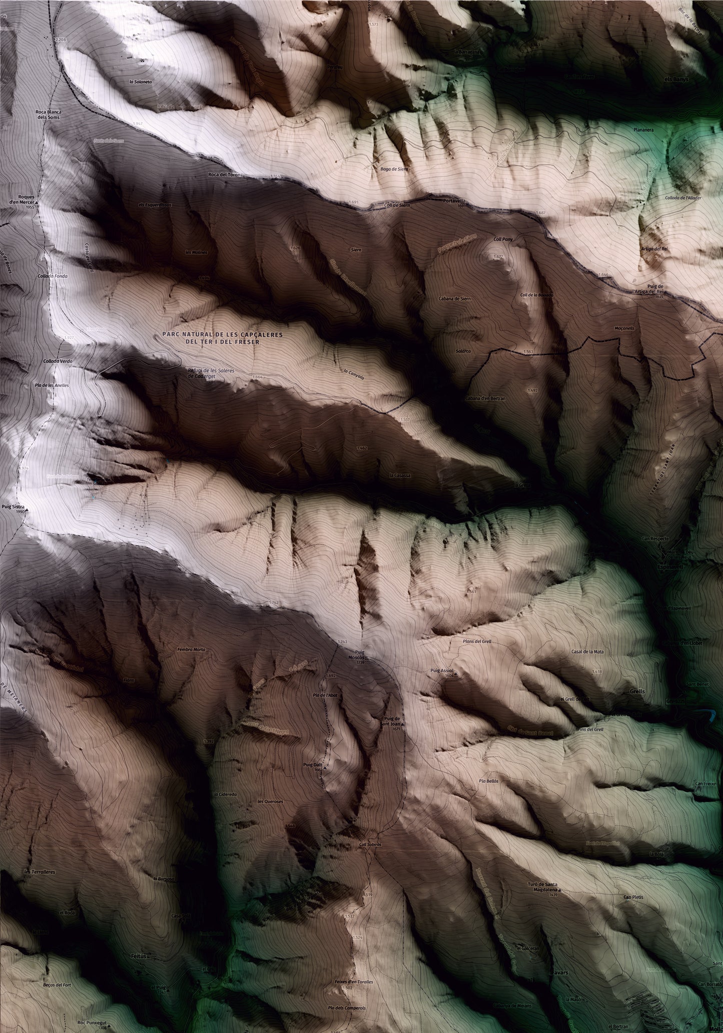 Mapa artístico del relieve de Molló, al Ripollès, con 15 km de entorno y base topográfica ICGC. Detalle de la zona superior izquierda.