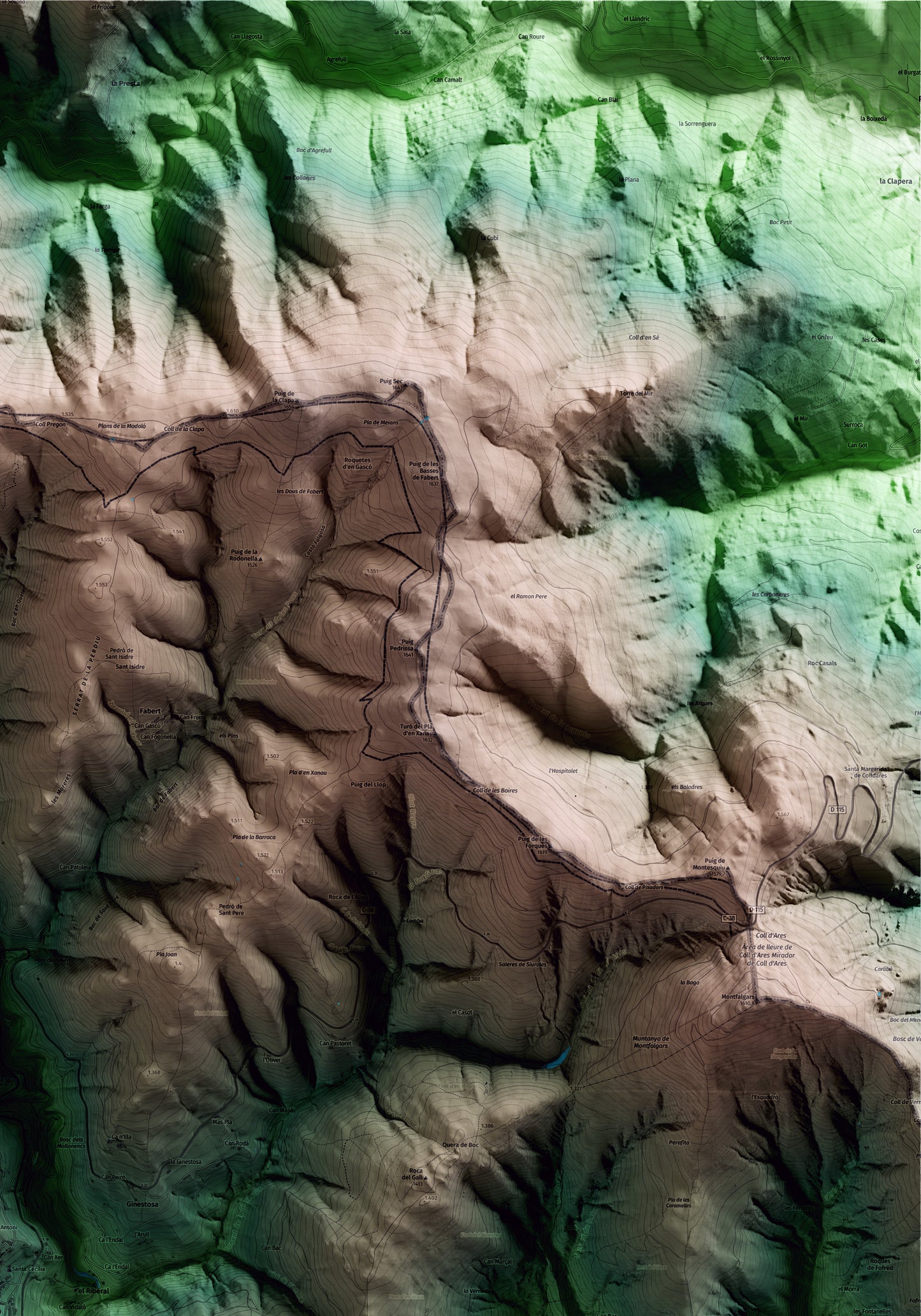 Mapa artístico del relieve de Molló, al Ripollès, con 15 km de entorno y base topográfica ICGC. Detalle de la zona superior derecha.