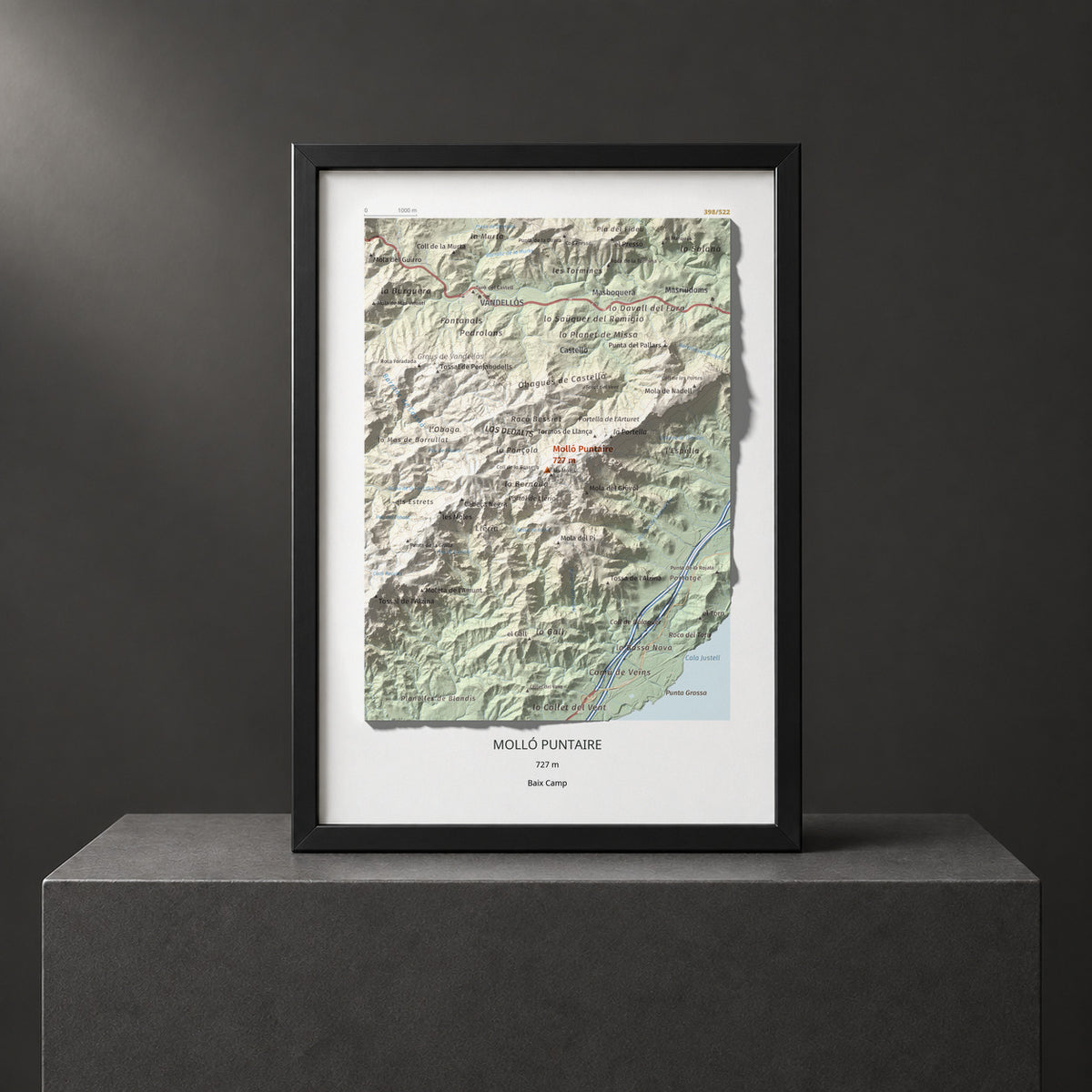 Mapa topogràfic del relleu: Molló Puntaire, 727 m. Presentació emmarcada. 21 × 30 cm.
