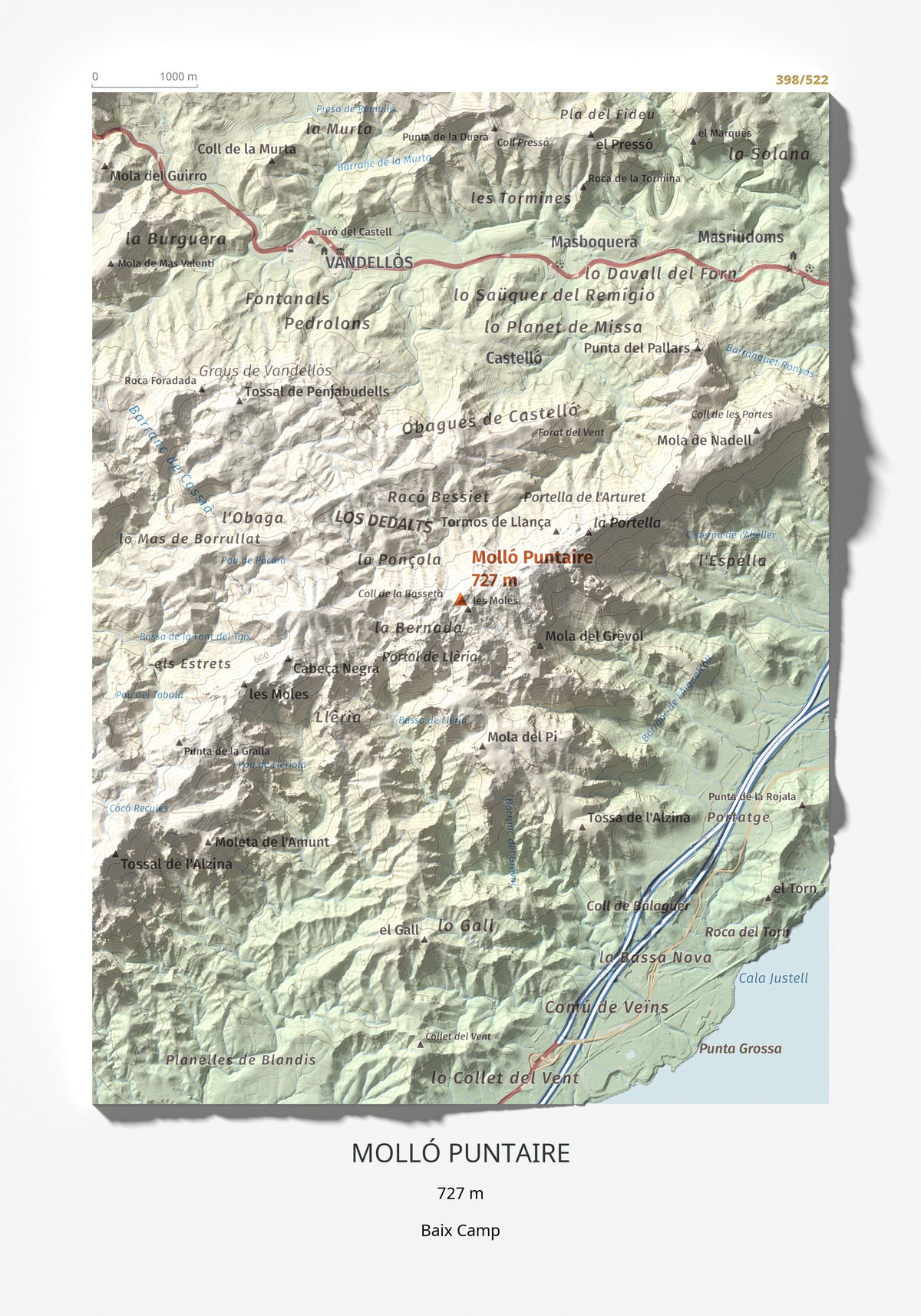 Mapa topogràfic del relleu: Molló Puntaire, 727 m. Làmina completa. 21 × 30 cm.