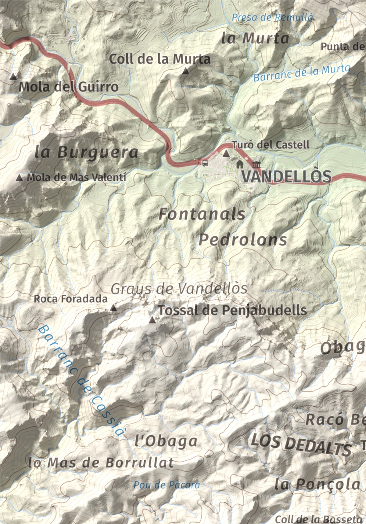Mapa topogràfic del relleu: Molló Puntaire, 727 m. Detall de la zona superior esquerra. 21 × 30 cm.