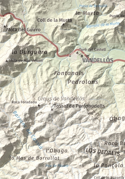 Mapa topogràfic del relleu: Molló Puntaire, 727 m. Detall de la zona superior esquerra. 21 × 30 cm.