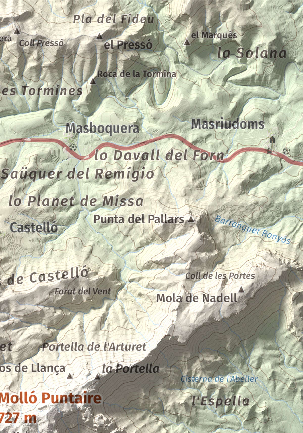 Mapa topogràfic del relleu: Molló Puntaire, 727 m. Detall de la zona superior dreta. 21 × 30 cm.