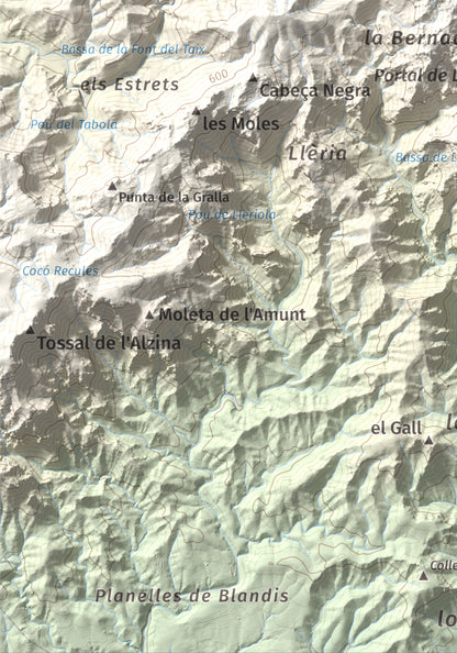 Mapa topogràfic del relleu: Molló Puntaire, 727 m. Detall de la zona inferior esquerra. 21 × 30 cm.