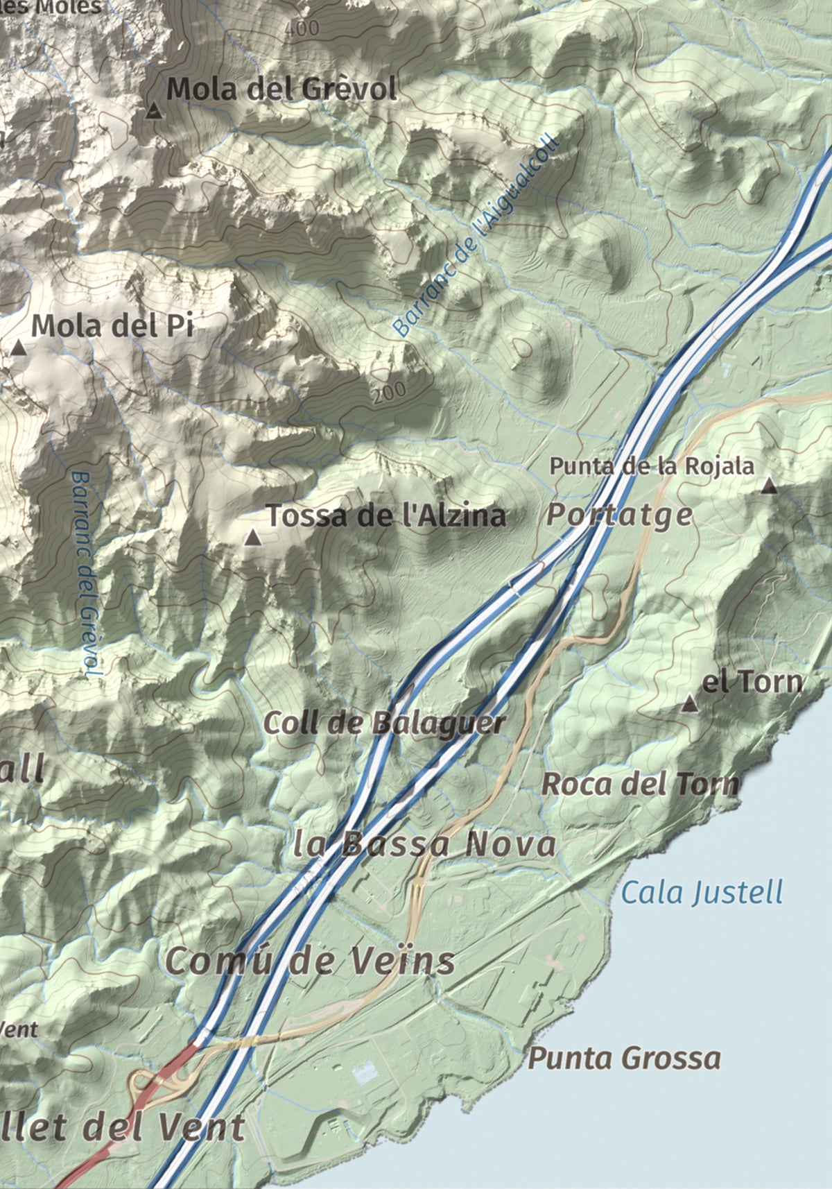 Mapa topogràfic del relleu: Molló Puntaire, 727 m. Detall de la zona inferior dreta. 21 × 30 cm.