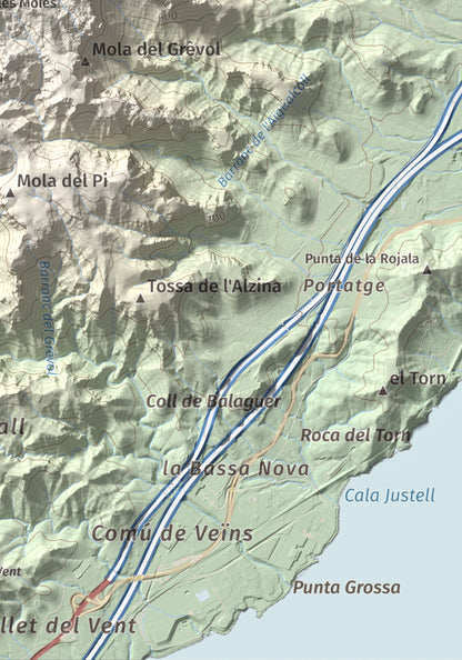 Mapa topogràfic del relleu: Molló Puntaire, 727 m. Detall de la zona inferior dreta. 21 × 30 cm.