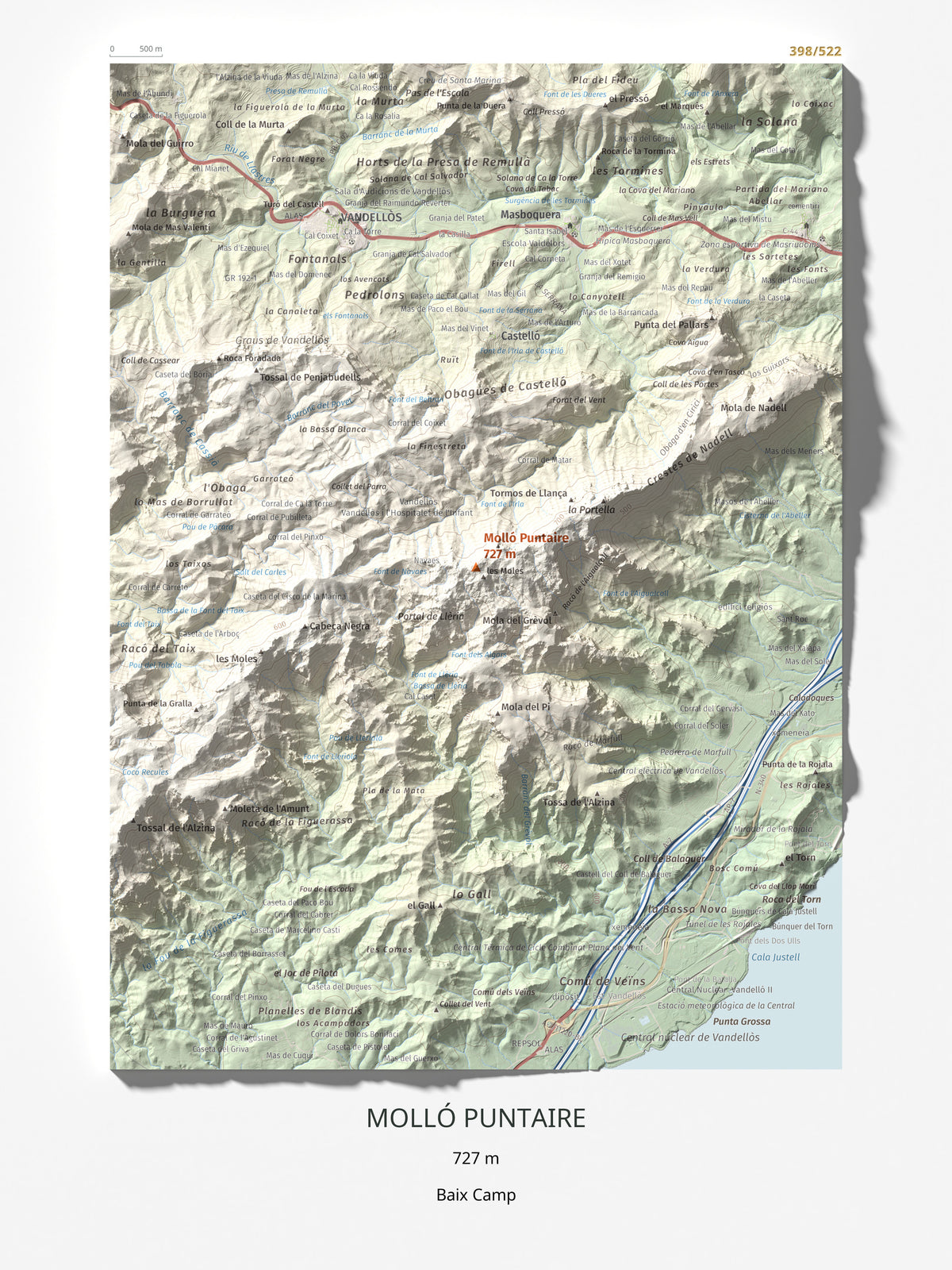 Mapa topogràfic del relleu: Molló Puntaire, 727 m. Làmina completa. 30 × 40 cm.