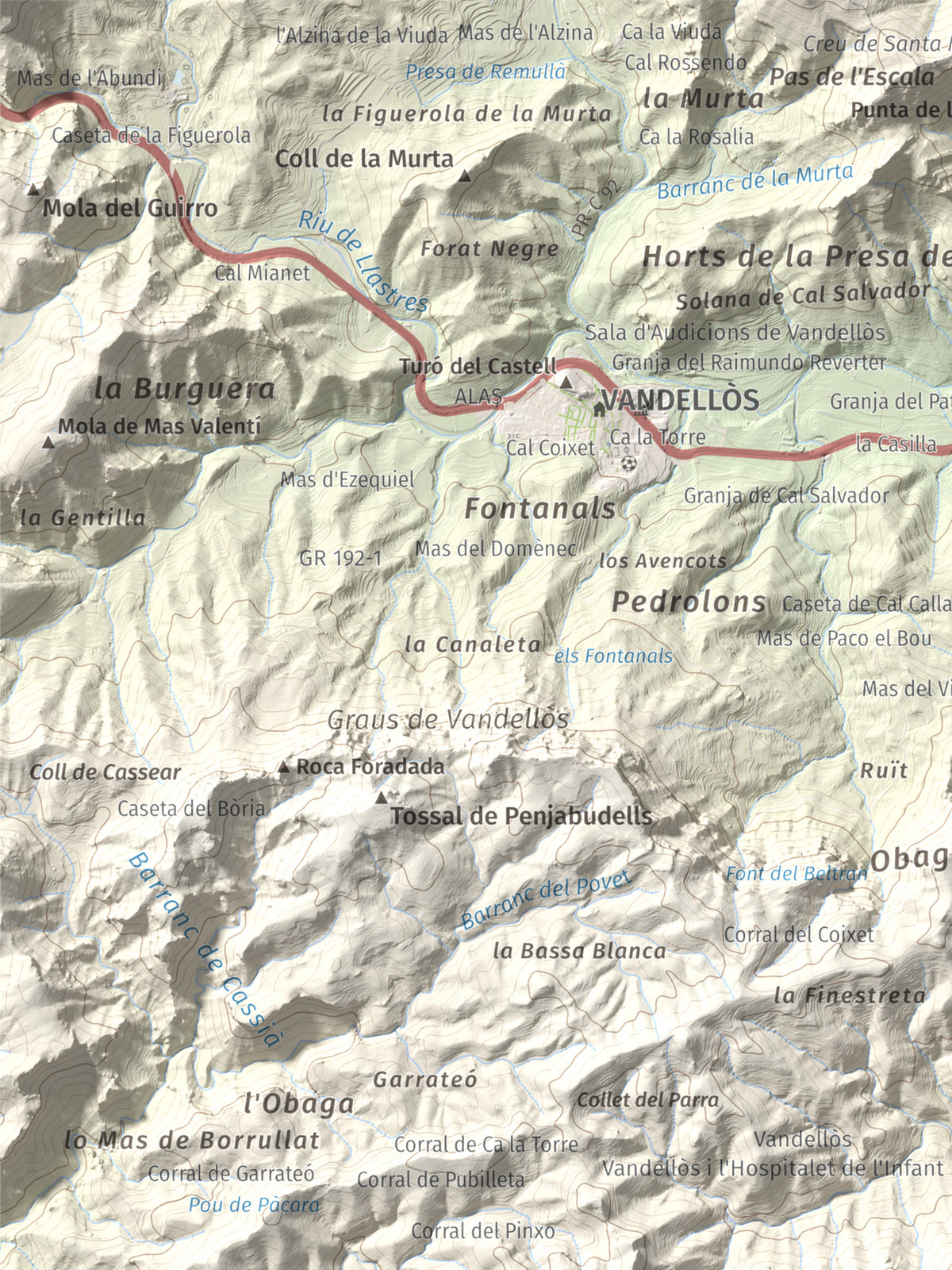 Mapa topogràfic del relleu: Molló Puntaire, 727 m. Detall de la zona superior esquerra. 30 × 40 cm.