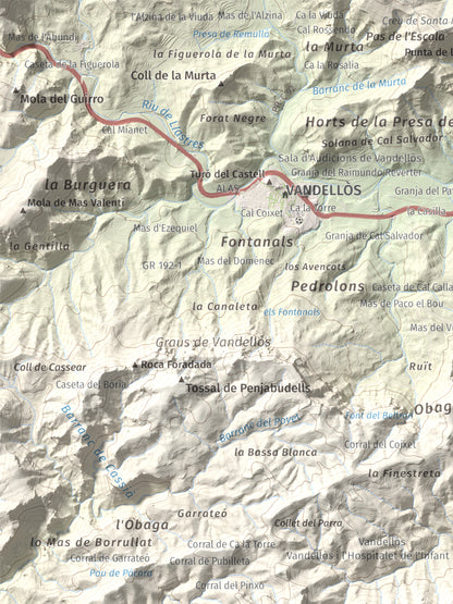 Mapa topogràfic del relleu: Molló Puntaire, 727 m. Detall de la zona superior esquerra. 30 × 40 cm.