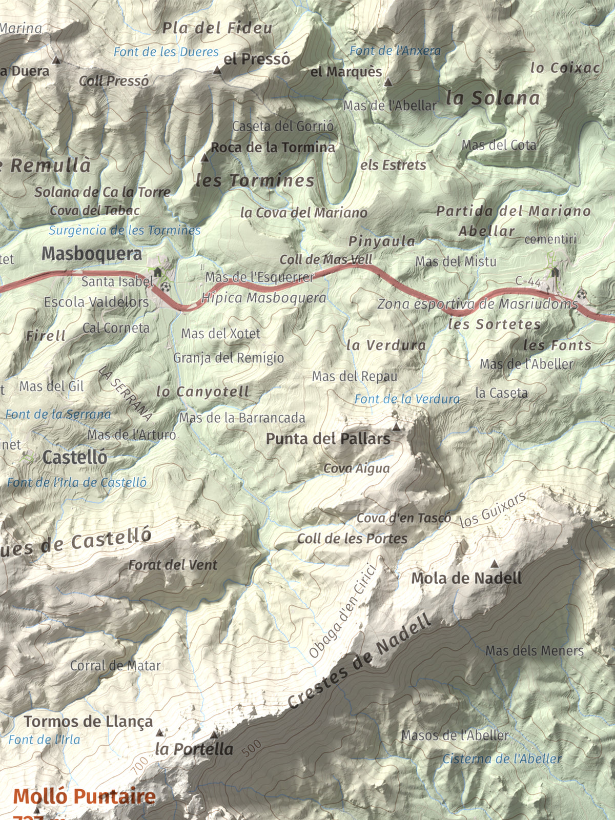 Mapa topogràfic del relleu: Molló Puntaire, 727 m. Detall de la zona superior dreta. 30 × 40 cm.