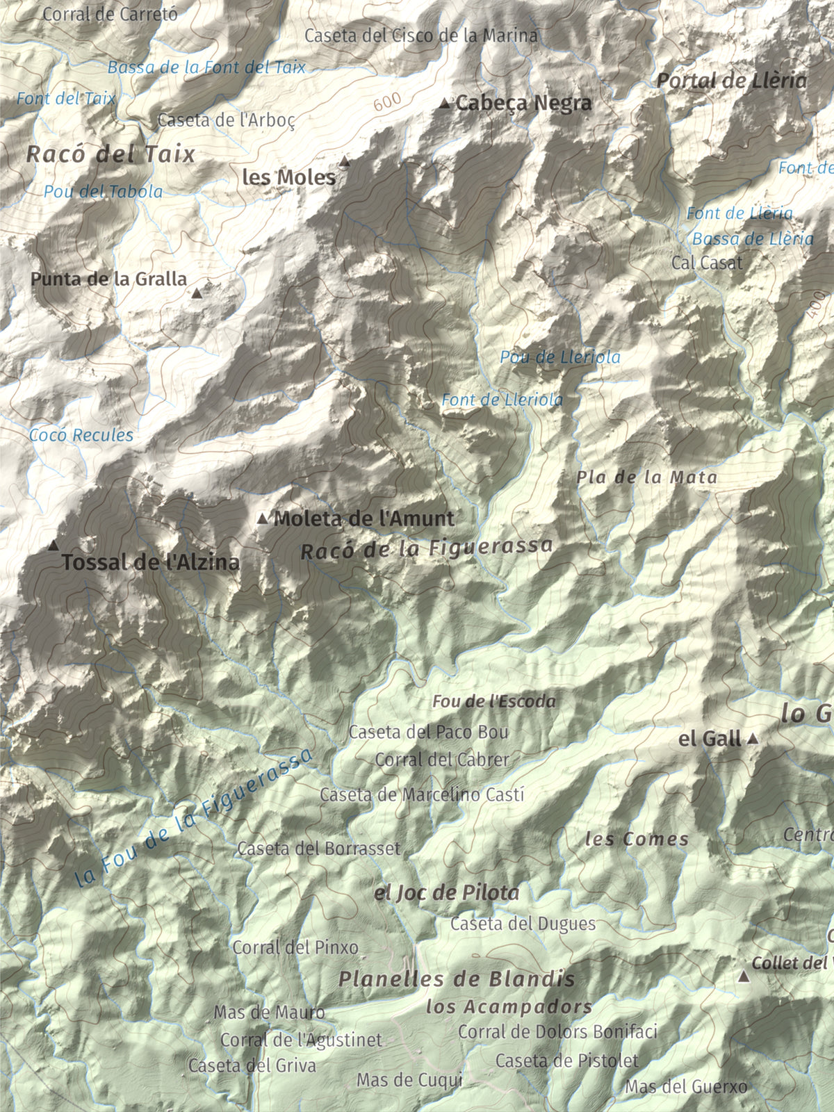Mapa topogràfic del relleu: Molló Puntaire, 727 m. Detall de la zona inferior esquerra. 30 × 40 cm.