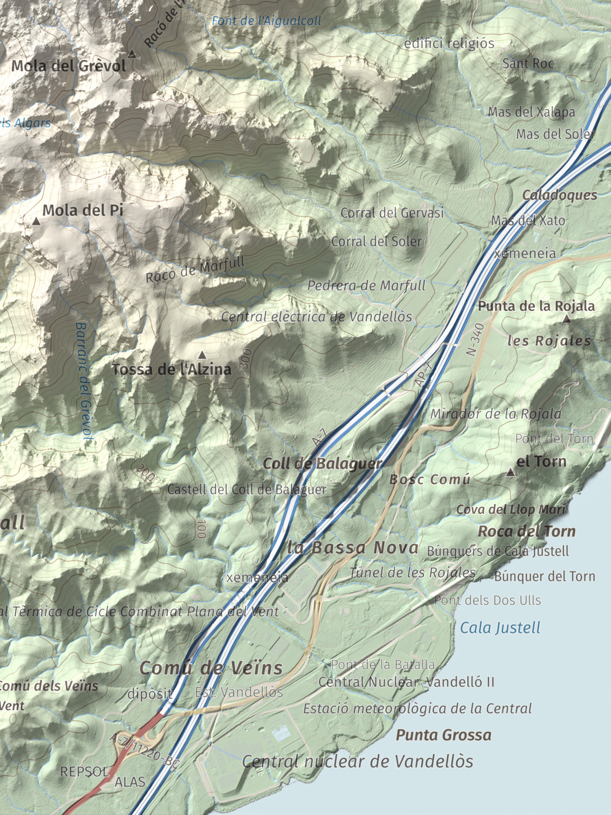 Mapa topogràfic del relleu: Molló Puntaire, 727 m. Detall de la zona inferior dreta. 30 × 40 cm.