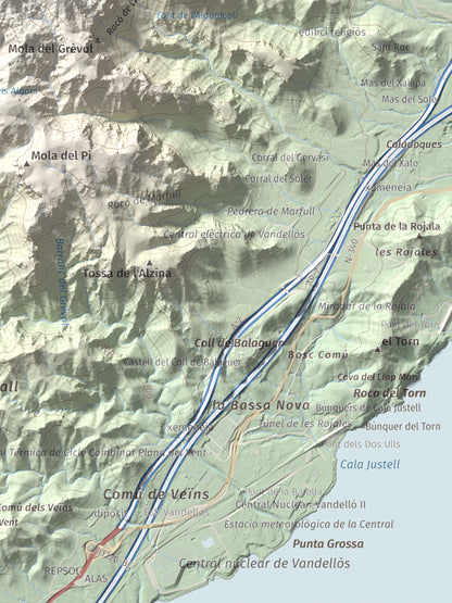 Mapa topogràfic del relleu: Molló Puntaire, 727 m. Detall de la zona inferior dreta. 30 × 40 cm.
