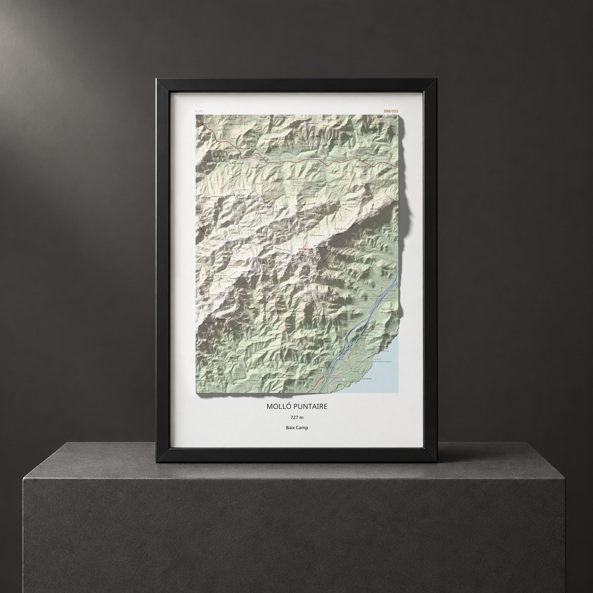 Mapa topogràfic del relleu: Molló Puntaire, 727 m. Presentació emmarcada. 50 × 70 cm.