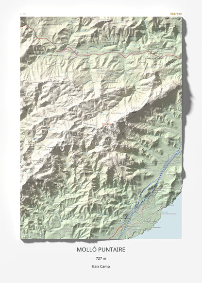 Mapa topogràfic del relleu: Molló Puntaire, 727 m. Làmina completa. 50 × 70 cm.