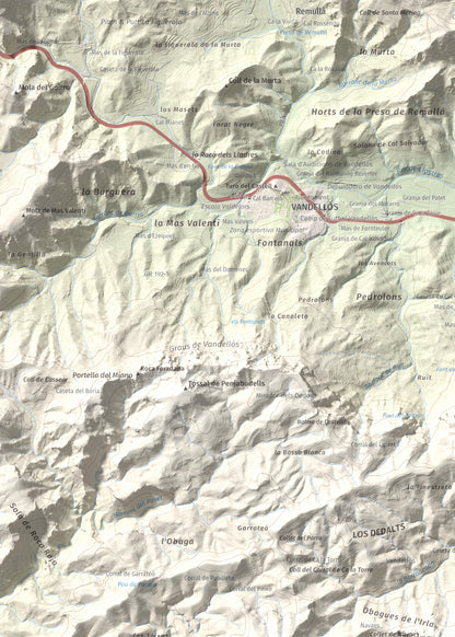 Mapa topogràfic del relleu: Molló Puntaire, 727 m. Detall de la zona superior esquerra. 50 × 70 cm.