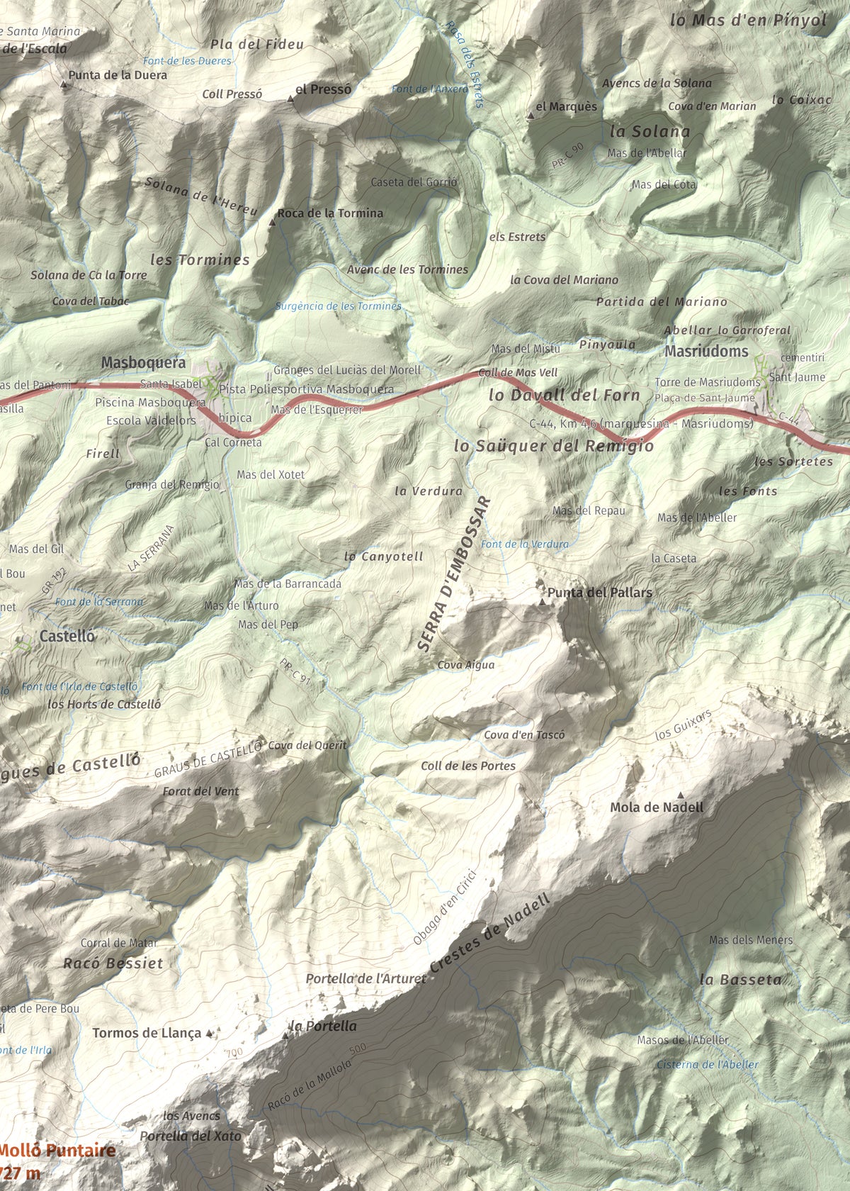 Mapa topogràfic del relleu: Molló Puntaire, 727 m. Detall de la zona superior dreta. 50 × 70 cm.