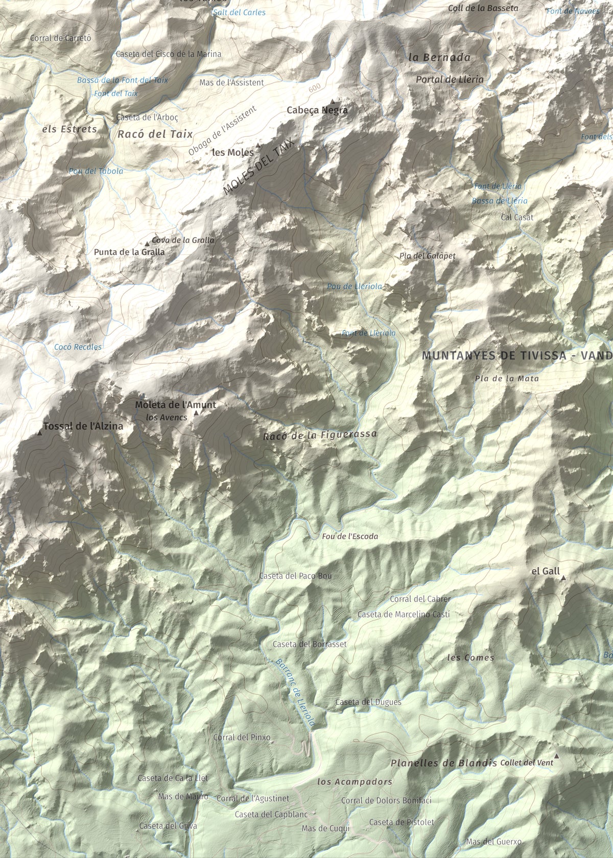 Mapa topogràfic del relleu: Molló Puntaire, 727 m. Detall de la zona inferior esquerra. 50 × 70 cm.