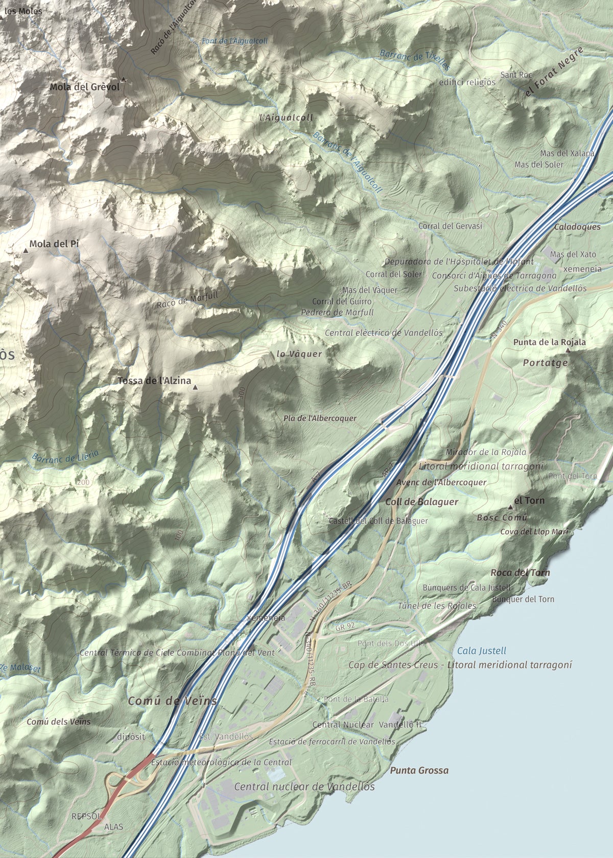 Mapa topogràfic del relleu: Molló Puntaire, 727 m. Detall de la zona inferior dreta. 50 × 70 cm.