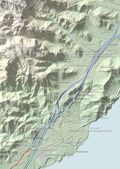 Mapa topogràfic del relleu: Molló Puntaire, 727 m. Detall de la zona inferior dreta. 50 × 70 cm.