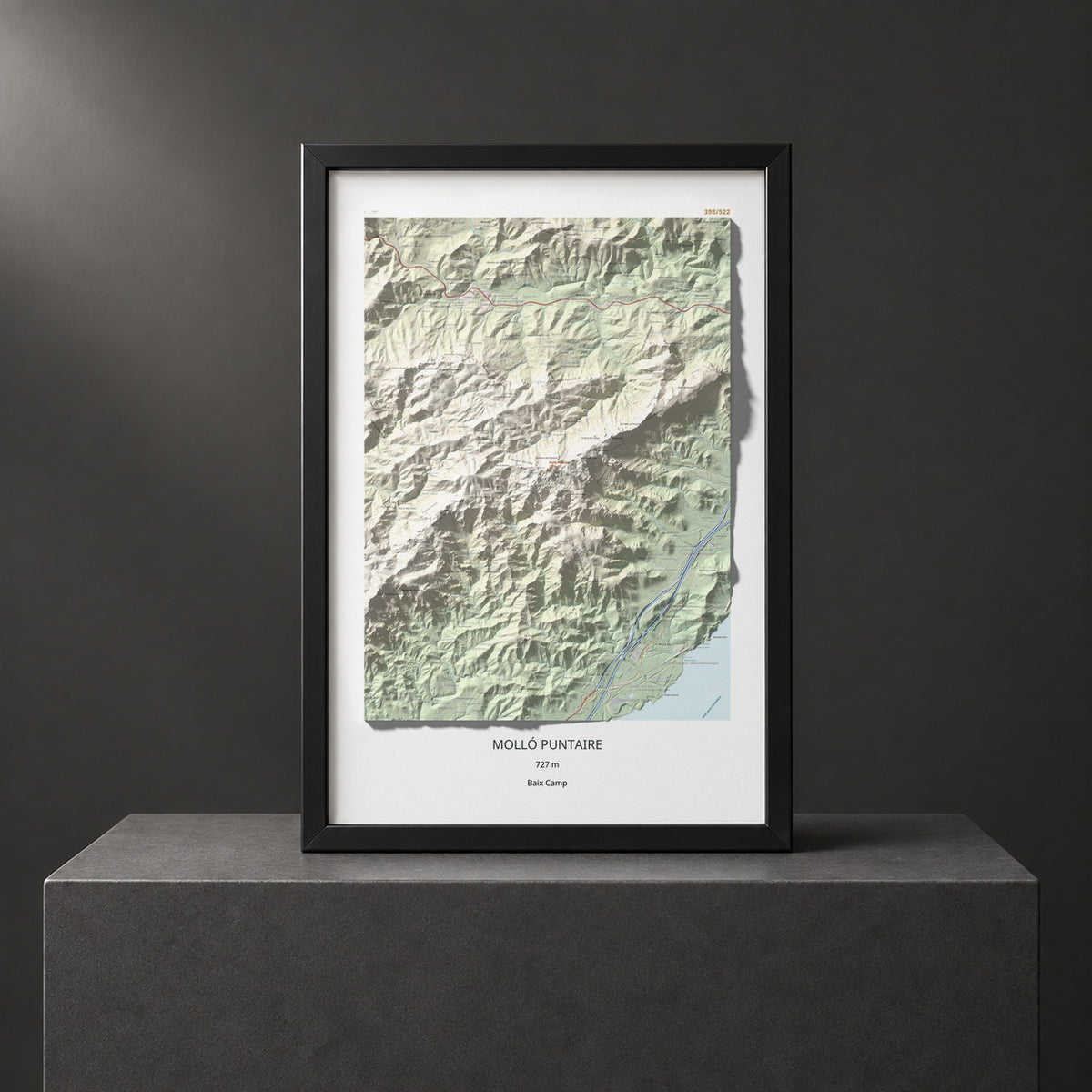 Mapa topogràfic del relleu: Molló Puntaire, 727 m. Presentació emmarcada. 61 × 91 cm.