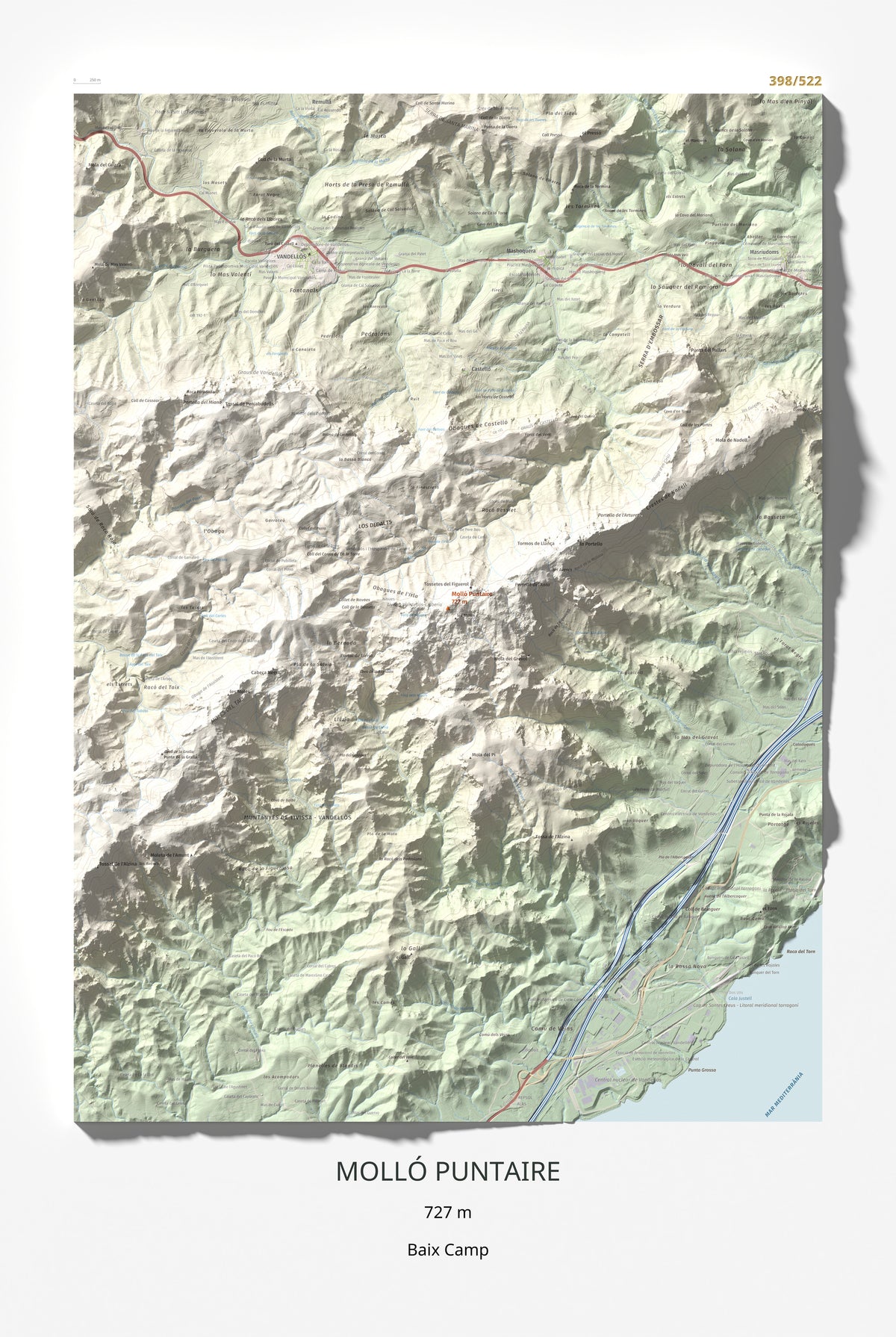 Mapa topogràfic del relleu: Molló Puntaire, 727 m. Làmina completa. 61 × 91 cm.