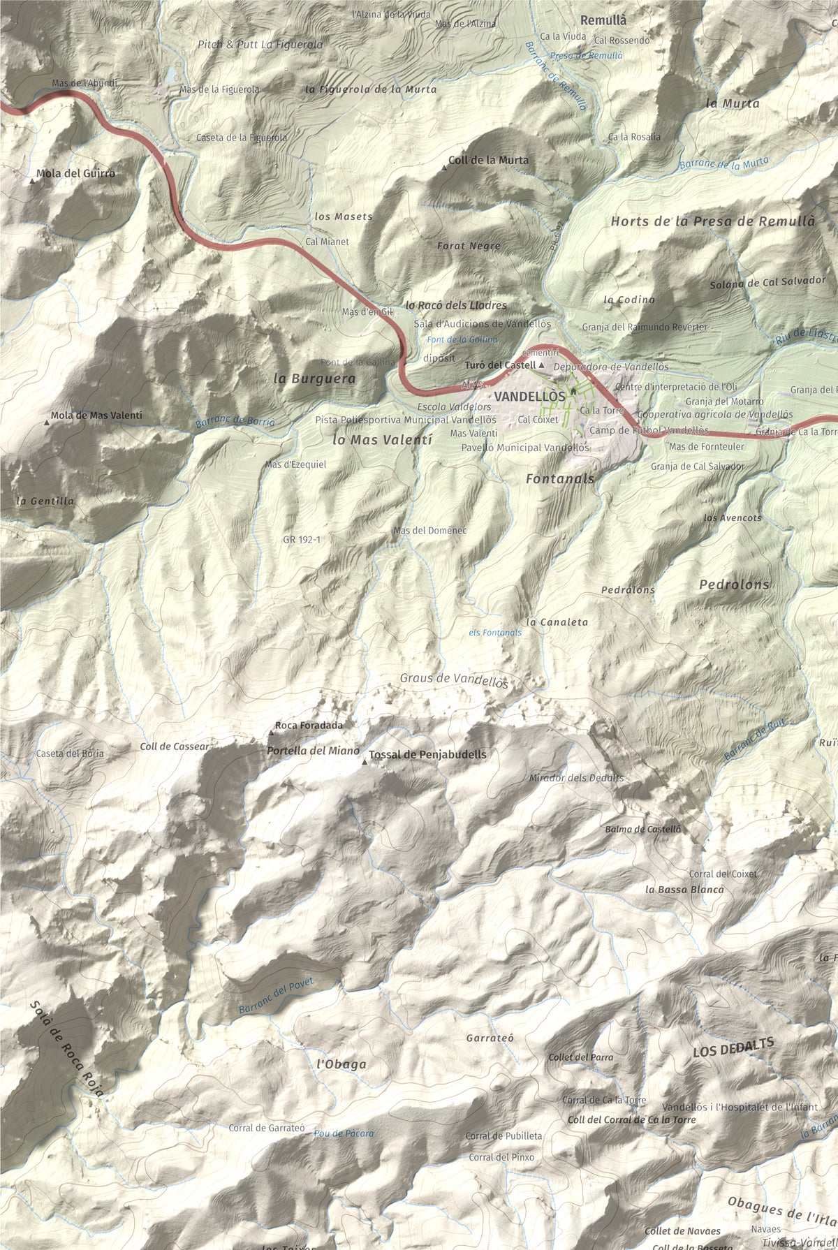 Mapa topogràfic del relleu: Molló Puntaire, 727 m. Detall de la zona superior esquerra. 61 × 91 cm.