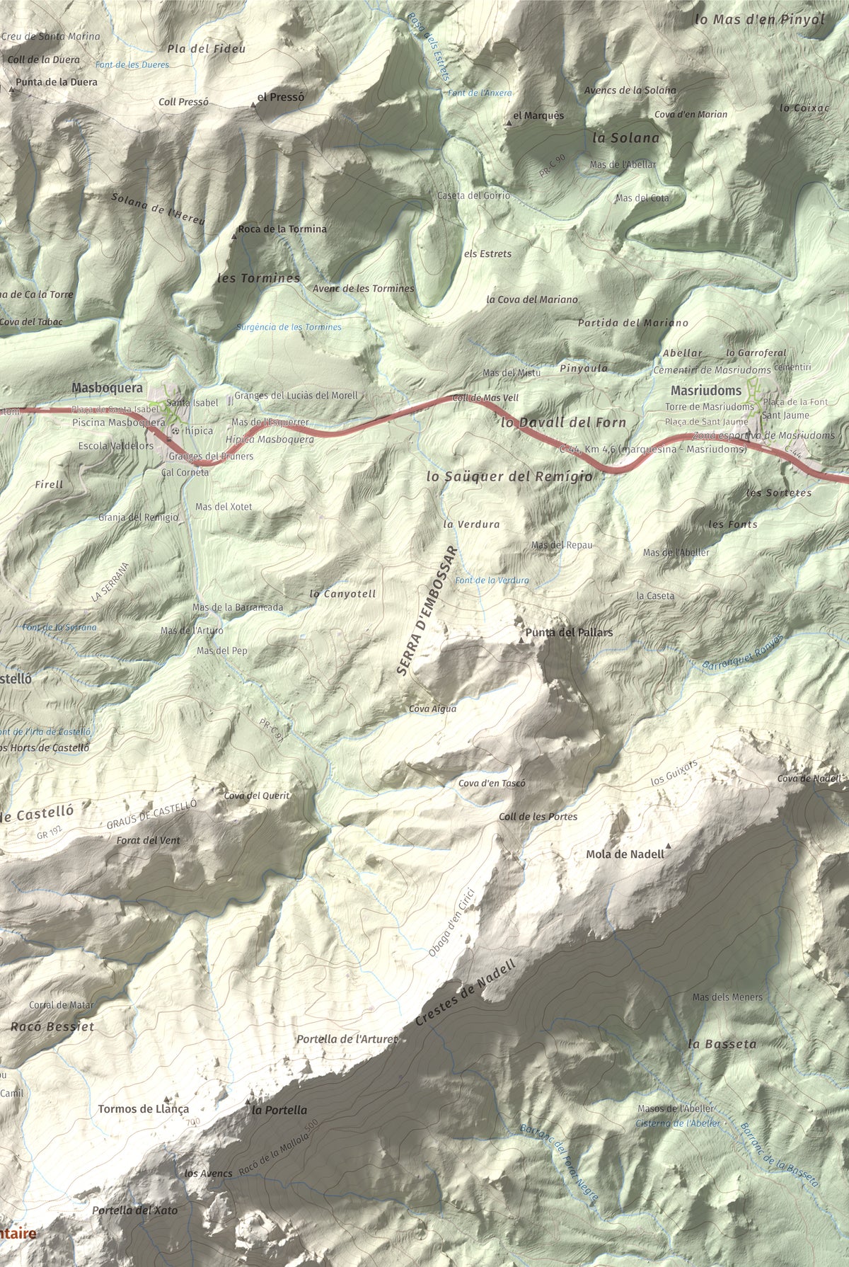 Mapa topogràfic del relleu: Molló Puntaire, 727 m. Detall de la zona superior dreta. 61 × 91 cm.