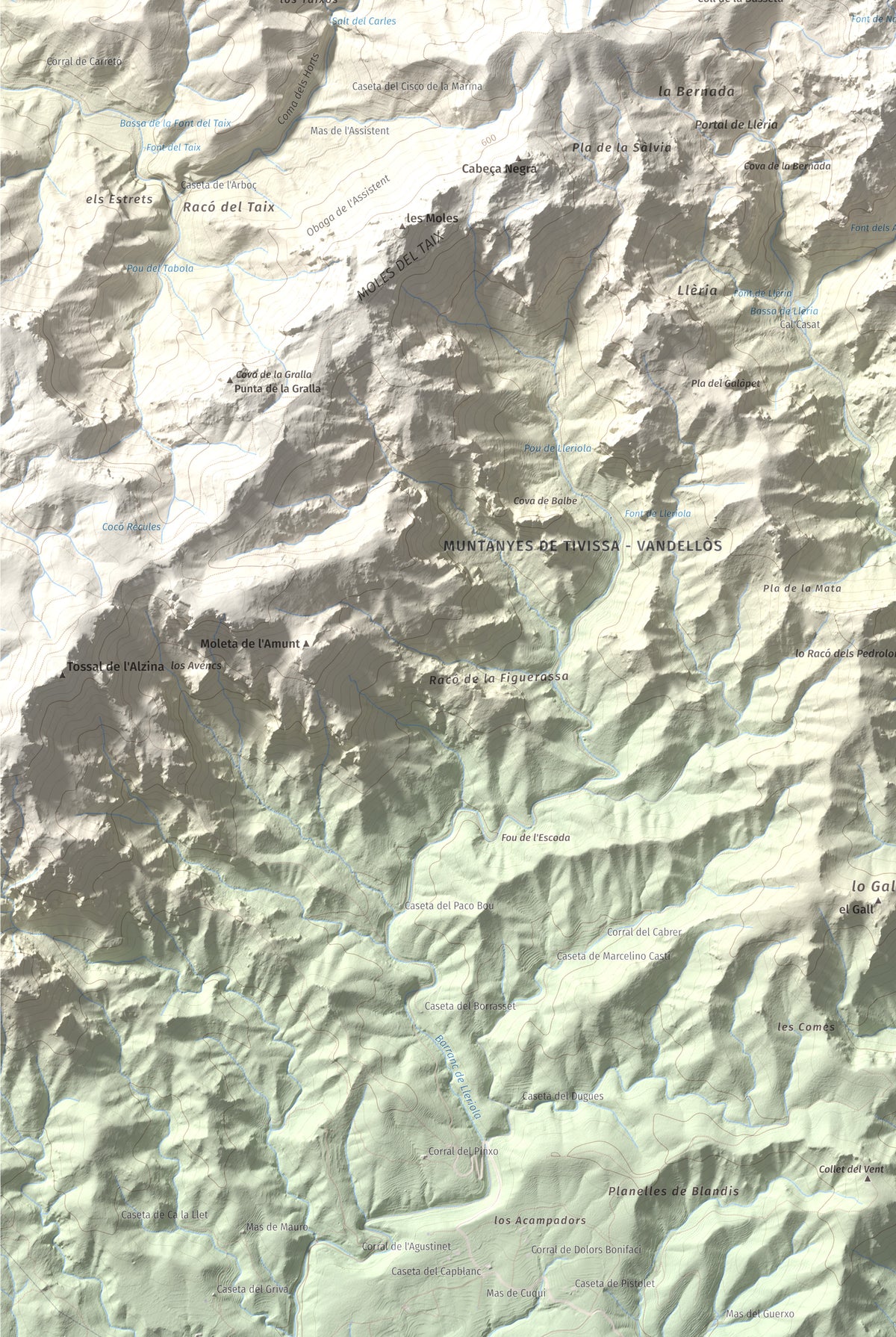 Mapa topogràfic del relleu: Molló Puntaire, 727 m. Detall de la zona inferior esquerra. 61 × 91 cm.