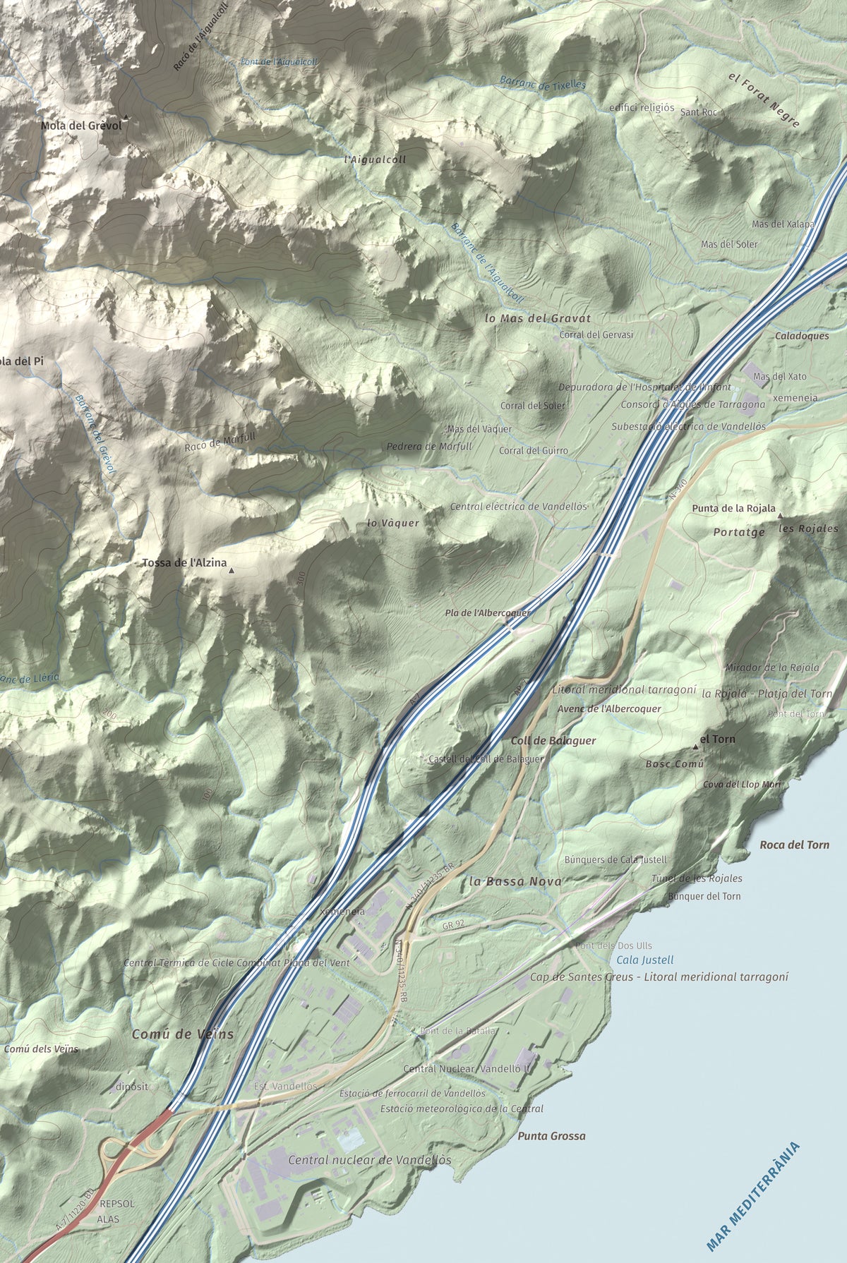 Mapa topogràfic del relleu: Molló Puntaire, 727 m. Detall de la zona inferior dreta. 61 × 91 cm.