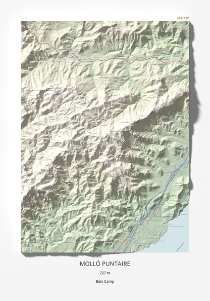Mapa topogràfic del relleu: Molló Puntaire, 727 m. Làmina completa. 70 × 100 cm.
