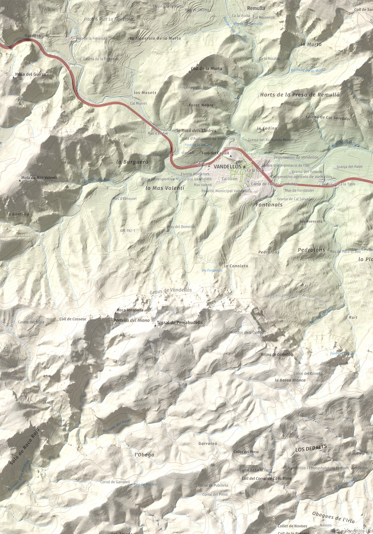 Mapa topogràfic del relleu: Molló Puntaire, 727 m. Detall de la zona superior esquerra. 70 × 100 cm.