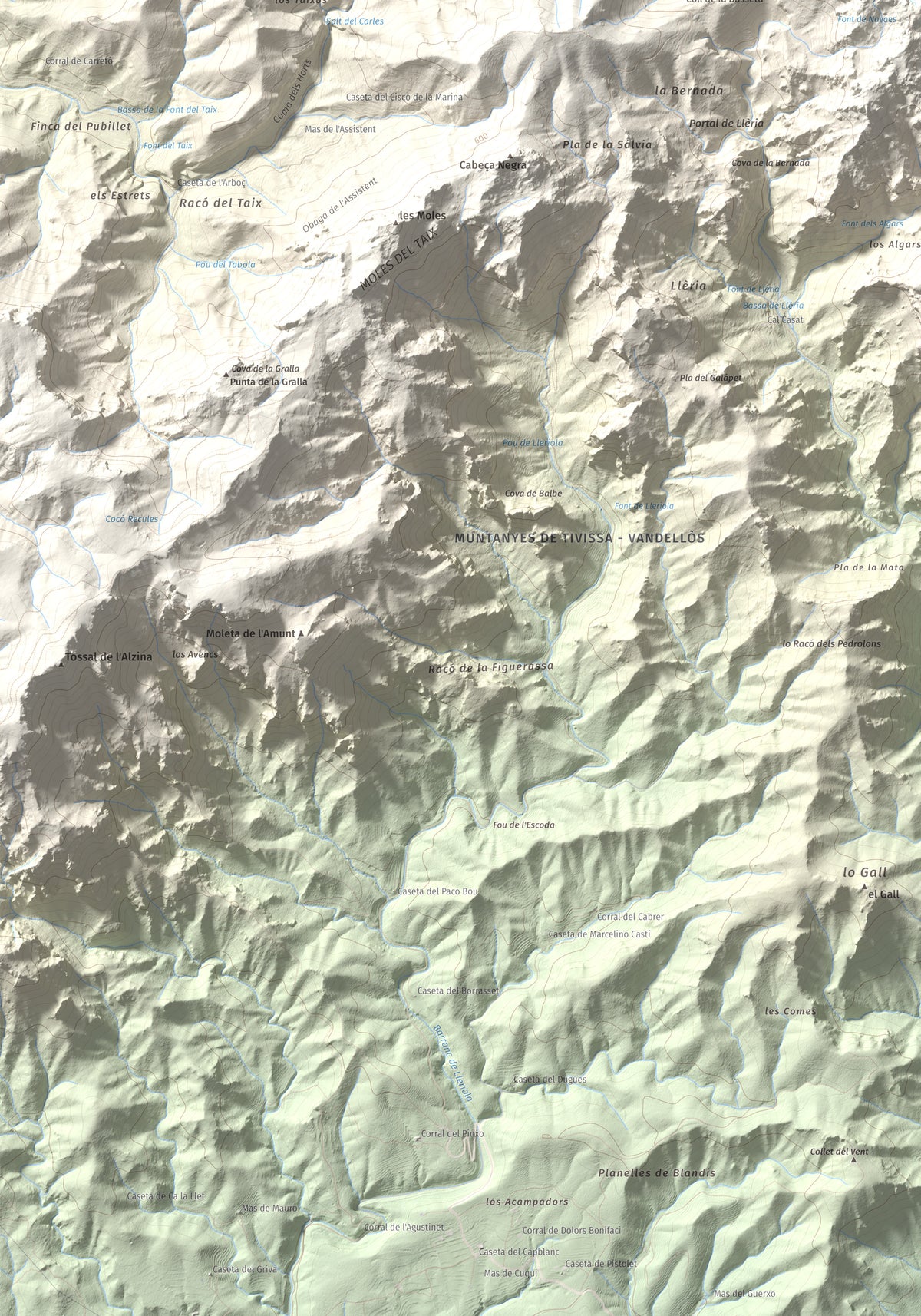 Mapa topogràfic del relleu: Molló Puntaire, 727 m. Detall de la zona inferior esquerra. 70 × 100 cm.