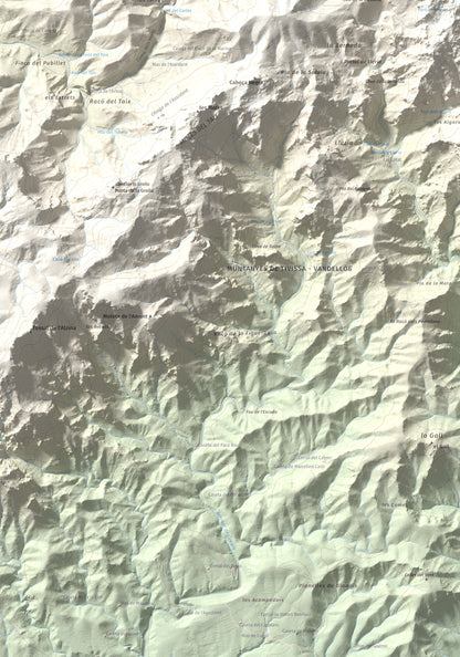 Mapa topogràfic del relleu: Molló Puntaire, 727 m. Detall de la zona inferior esquerra. 70 × 100 cm.